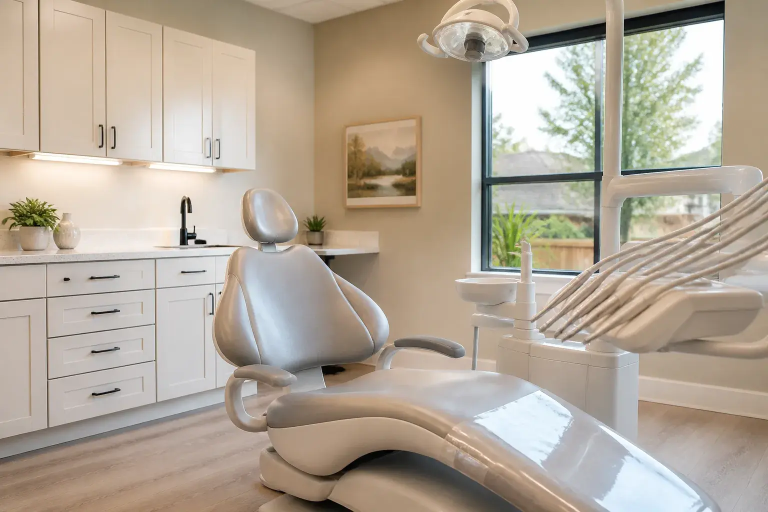 Bright, organized dental operatory with modern chair and cabinetry