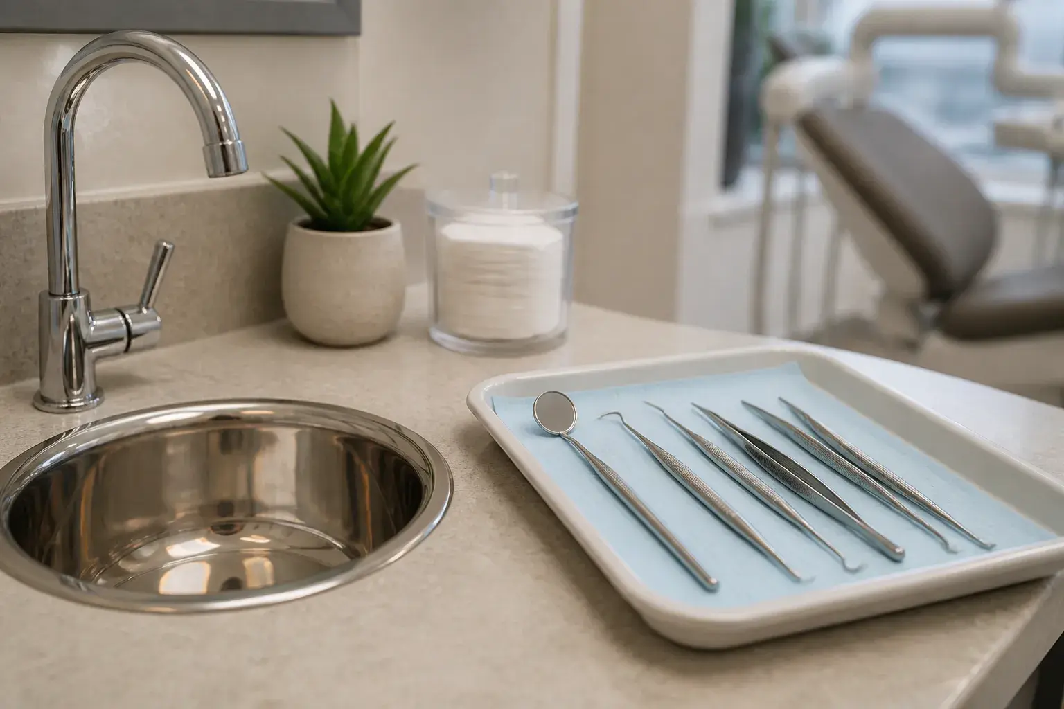 Pristine dental tray and polished sink in a clean clinic setting