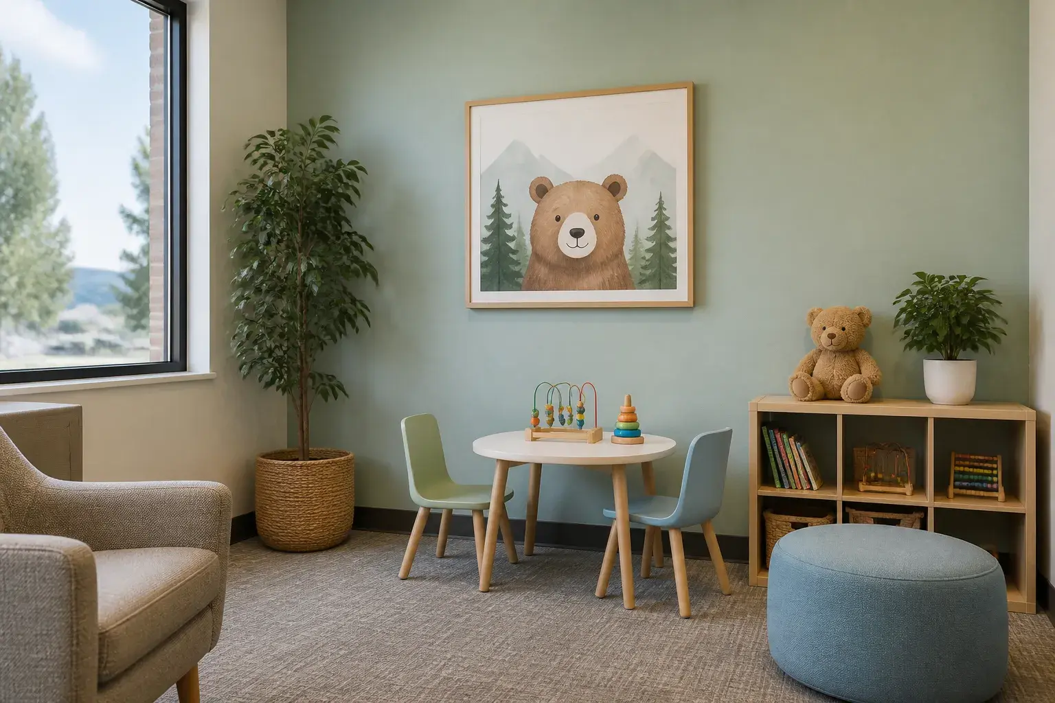 Clean children’s dentistry corner with kid-sized seating