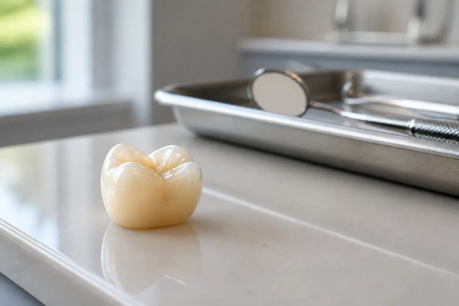 Finished dental crown on a clean ceramic surface