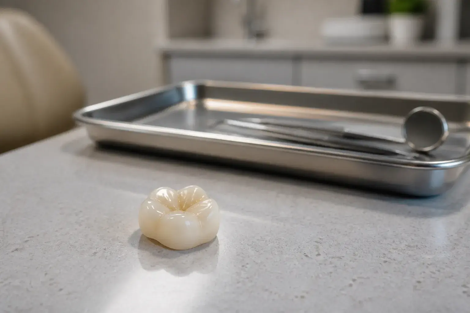 Tooth-colored filling material beside a spotless tray
